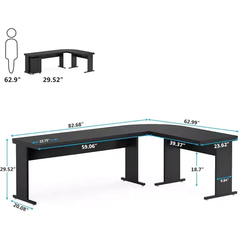 L-Shaped Executive Desk with 3-Drawer Mobile File Cabinet - 82.68"