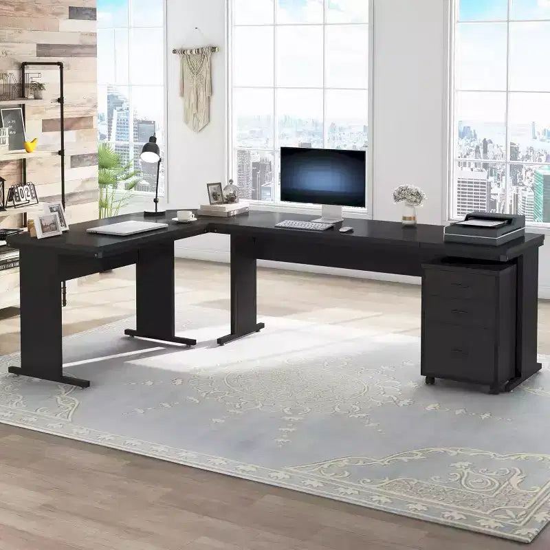 L-Shaped Executive Desk with 3-Drawer Mobile File Cabinet - 82.68"