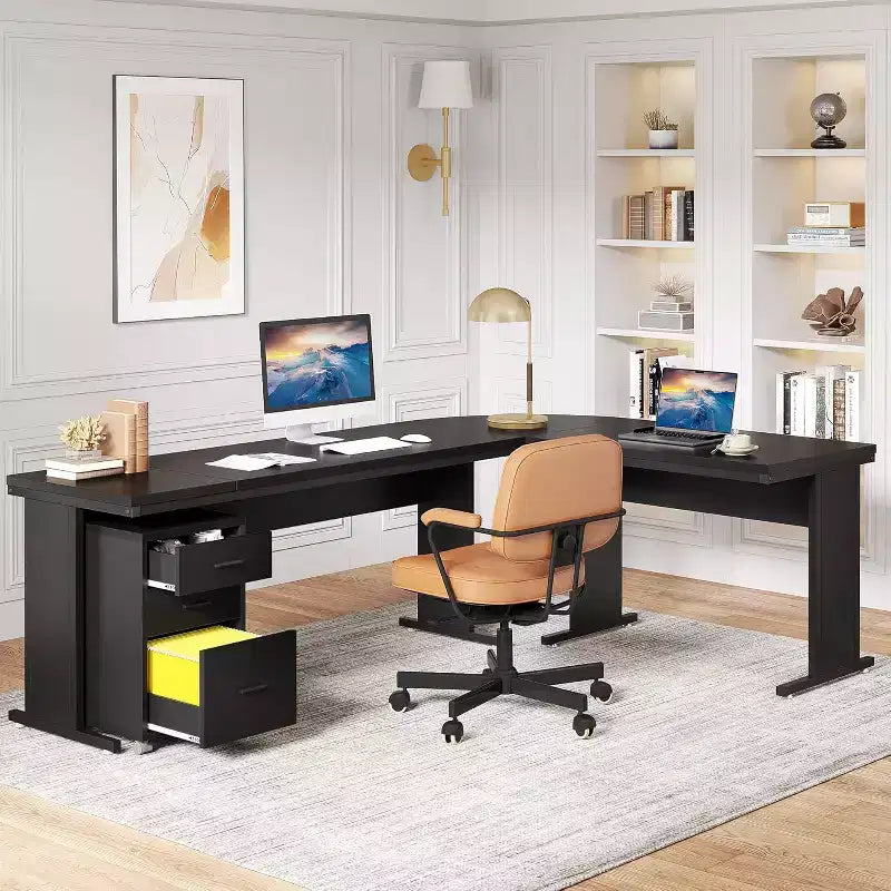 L-Shaped Executive Desk with 3-Drawer Mobile File Cabinet - 82.68"