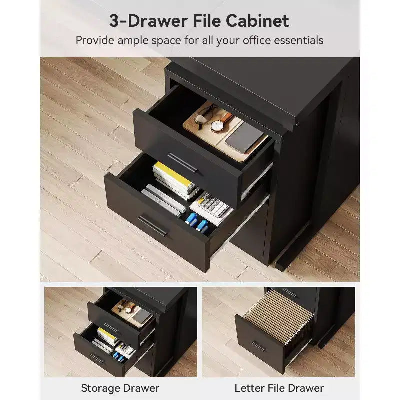 L-Shaped Executive Desk with 3-Drawer Mobile File Cabinet - 82.68"