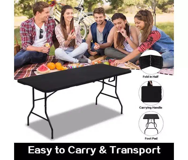 6-Foot Portable Fold-in-Half HDPE Folding Table - Seats 8-10, Black