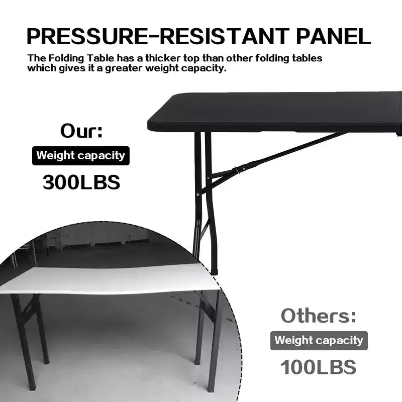 6-Foot Portable Fold-in-Half HDPE Folding Table - Seats 8-10, Black
