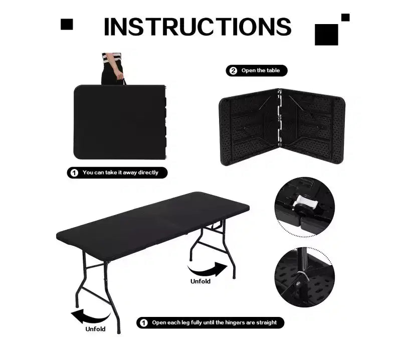 6-Foot Portable Fold-in-Half HDPE Folding Table - Seats 8-10, Black
