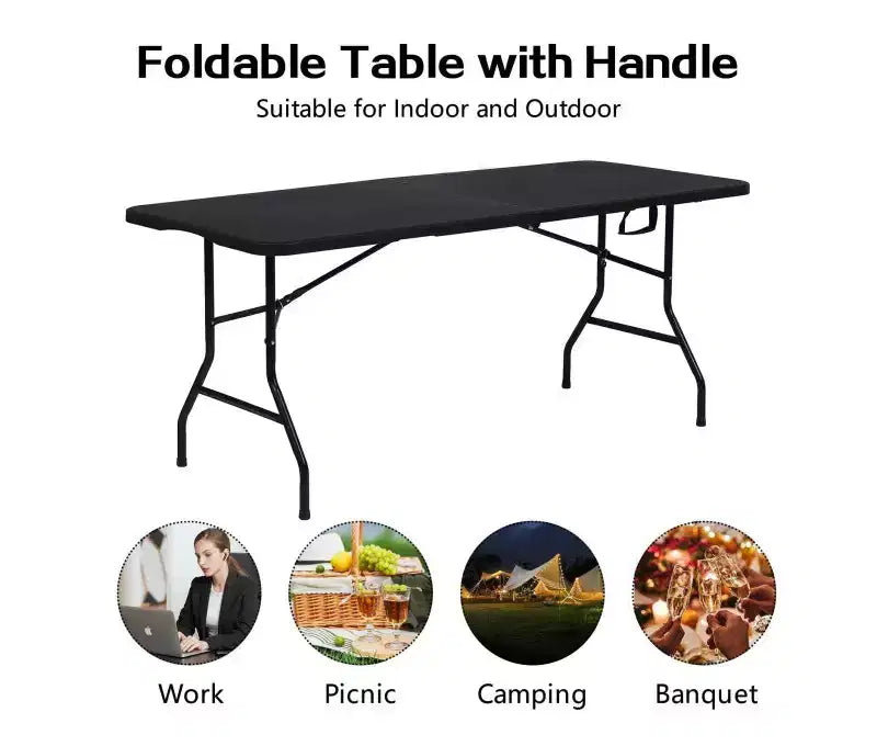 6-Foot Portable Fold-in-Half HDPE Folding Table - Seats 8-10, Black