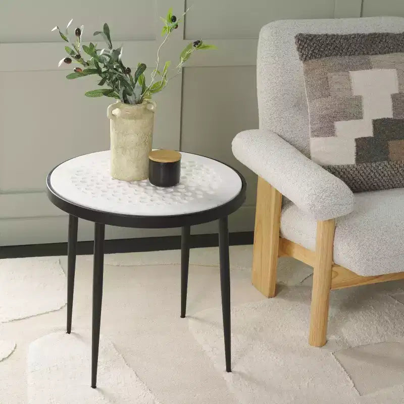 Round Marble Top Side Table with Black Iron Base - 19" Diameter