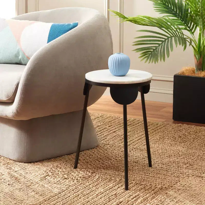 Round White Marble Top Accent Table with Black Iron Legs