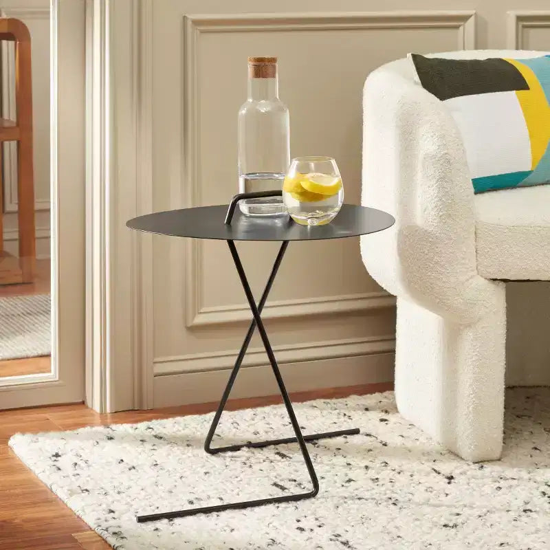 Round Iron Side Table with Angular Legs - Matte Black