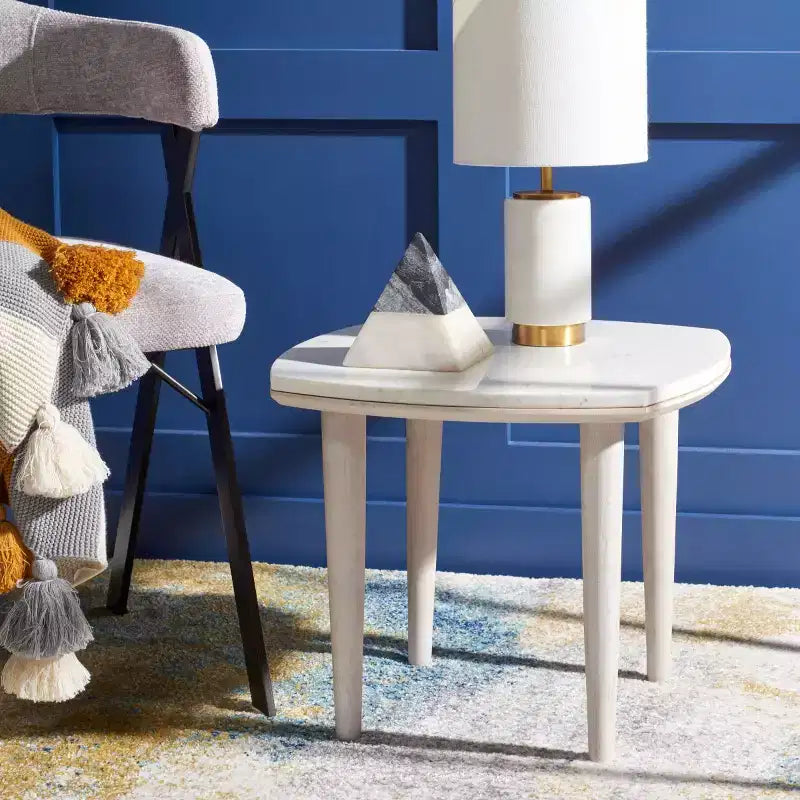 White Marble Top Side Table with Tapered Acacia Wood Legs