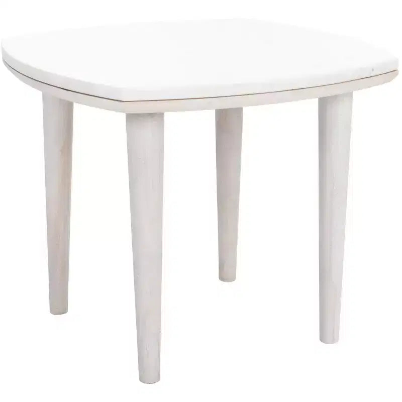 White Marble Top Side Table with Tapered Acacia Wood Legs