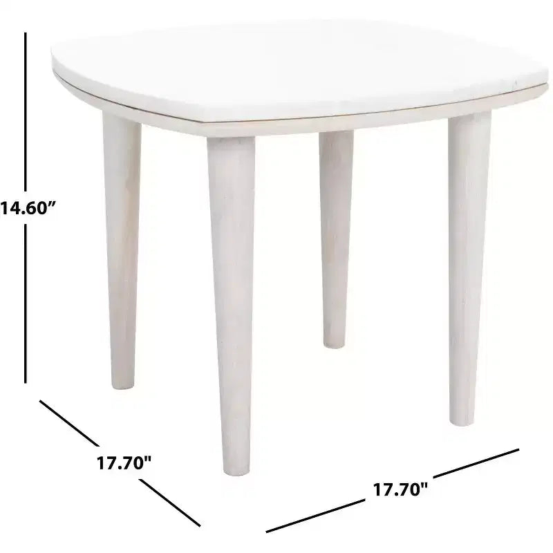 White Marble Top Side Table with Tapered Acacia Wood Legs