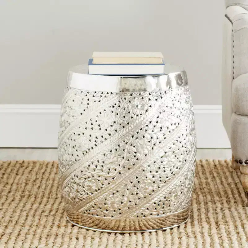 Aluminum Etched Cylinder Accent Stool & Side Table - Nickel Silver