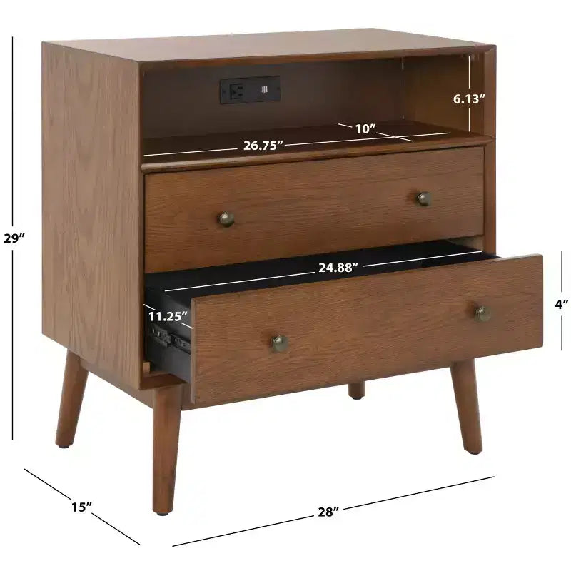 2 Drawer 1 Shelf Chest with USB Port - Medium Oak & Antique Gold