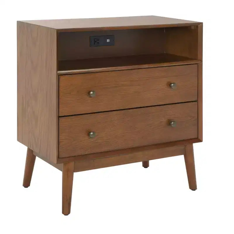 2 Drawer 1 Shelf Chest with USB Port - Medium Oak & Antique Gold