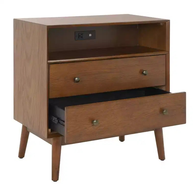 2 Drawer 1 Shelf Chest with USB Port - Medium Oak & Antique Gold