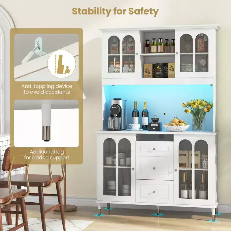 73" Kitchen Pantry Cabinet with LED Lights, USB & AC Charging Ports