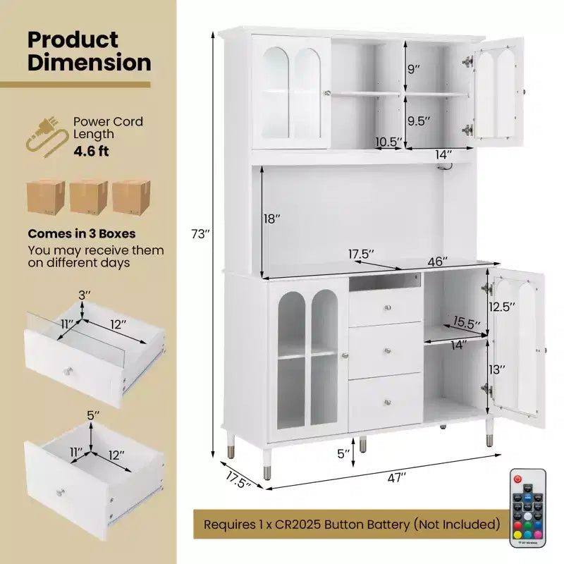 73" Kitchen Pantry Cabinet with LED Lights, USB & AC Charging Ports