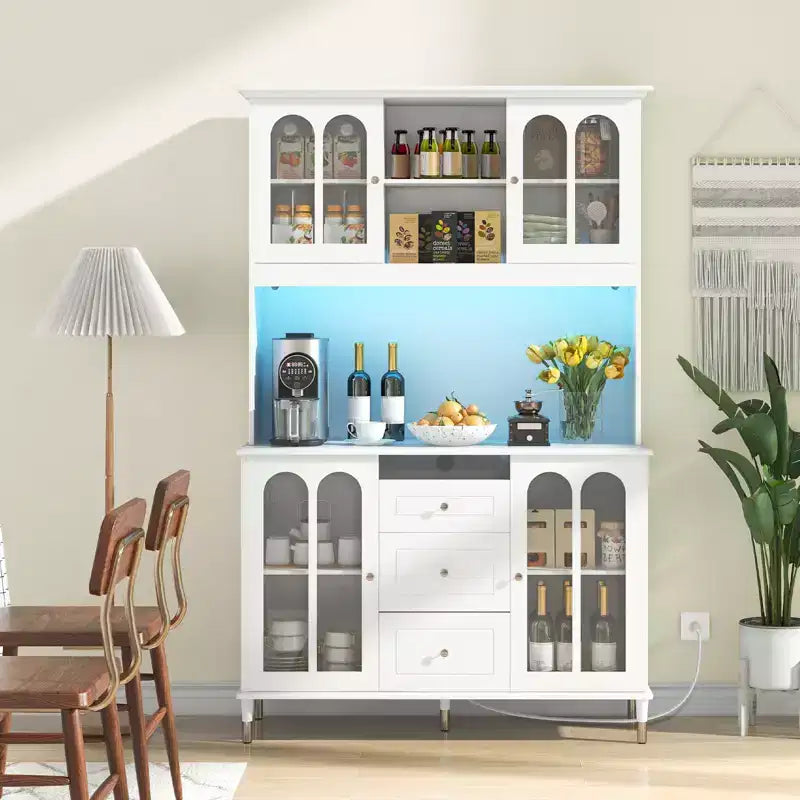 73" Kitchen Pantry Cabinet with LED Lights, USB & AC Charging Ports