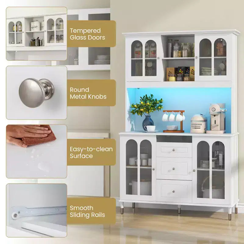 73" Kitchen Pantry Cabinet with LED Lights, USB & AC Charging Ports
