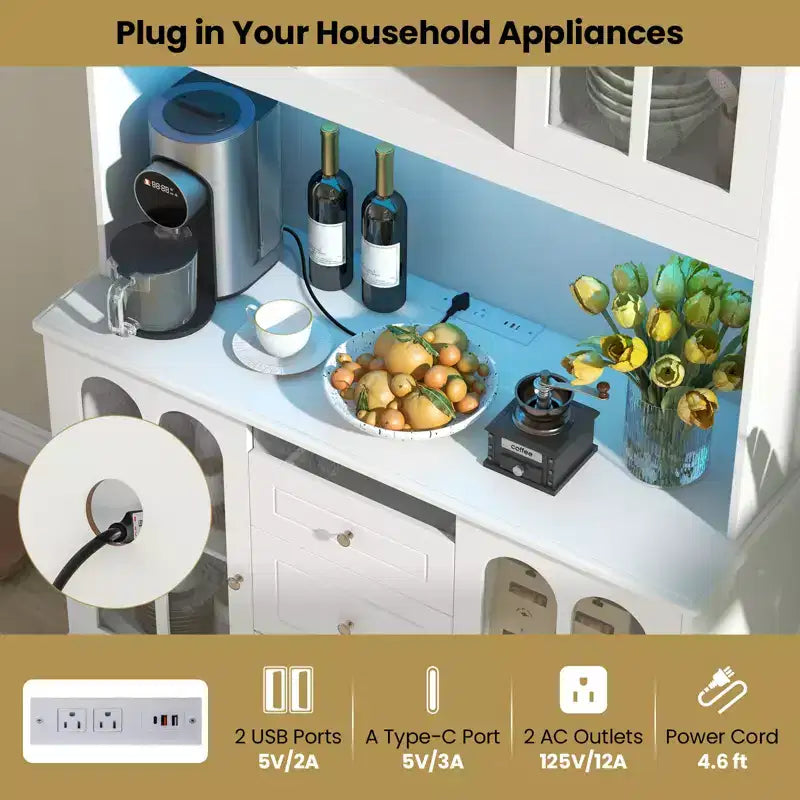 73" Kitchen Pantry Cabinet with LED Lights, USB & AC Charging Ports