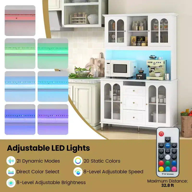 73" Kitchen Pantry Cabinet with LED Lights, USB & AC Charging Ports