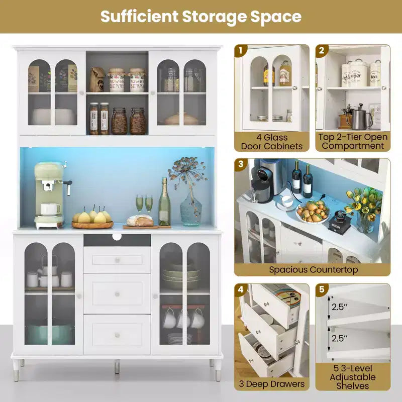 73" Kitchen Pantry Cabinet with LED Lights, USB & AC Charging Ports