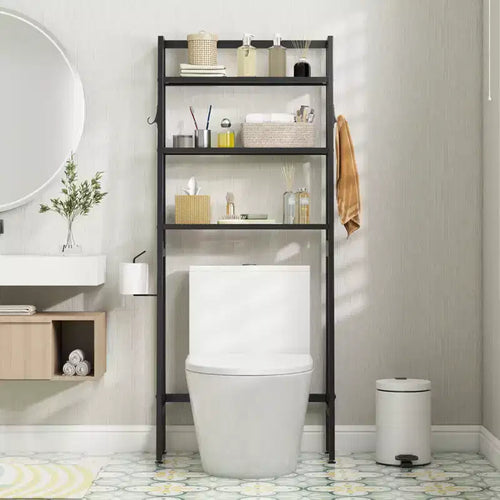 3-Tier Over-Toilet Storage Shelf with Hooks & Toilet Paper Holder