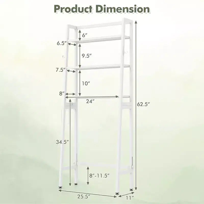 3-Tier Over-Toilet Storage Shelf with Hooks & Toilet Paper Holder