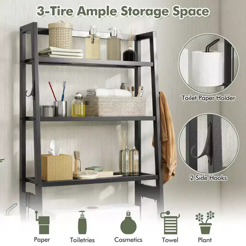 3-Tier Over-Toilet Storage Shelf with Hooks & Toilet Paper Holder