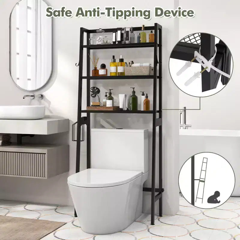 3-Tier Over-Toilet Storage Shelf with Hooks & Toilet Paper Holder
