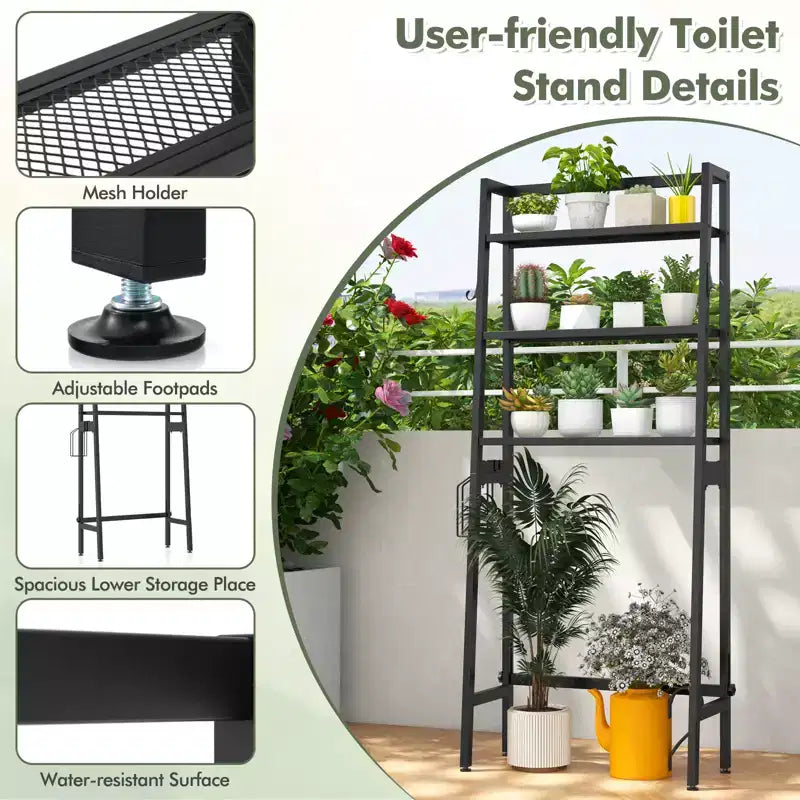 3-Tier Over-Toilet Storage Shelf with Hooks & Toilet Paper Holder
