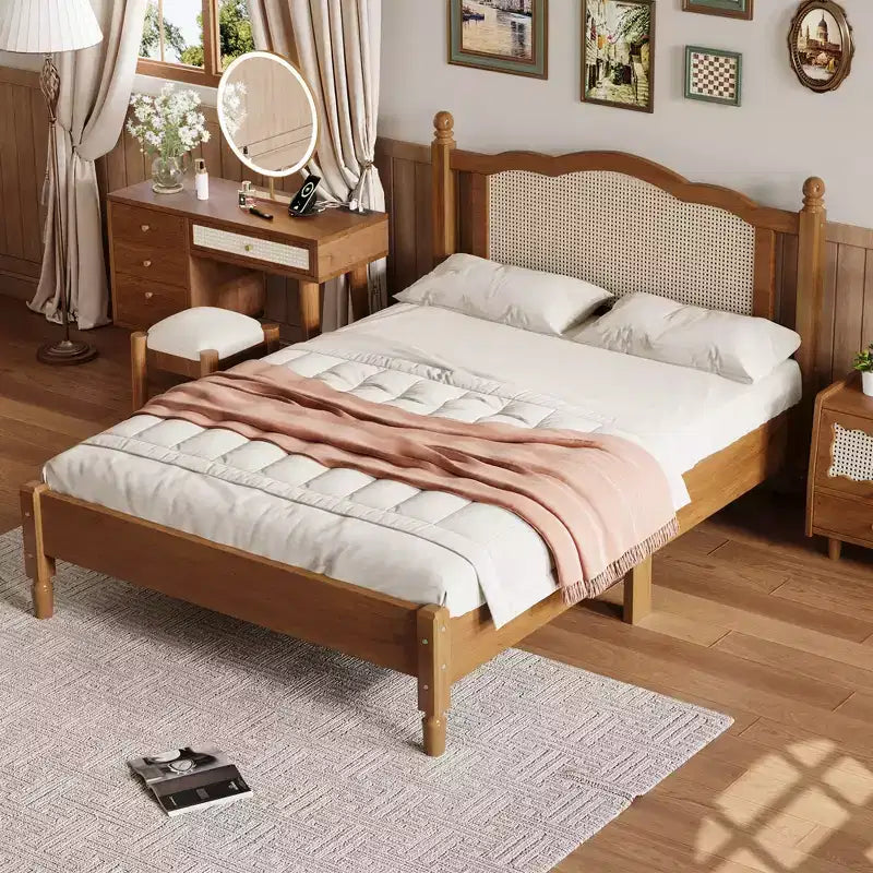 Queen/Full Platform Bed with Natural Rattan Headboard & Wood Slats