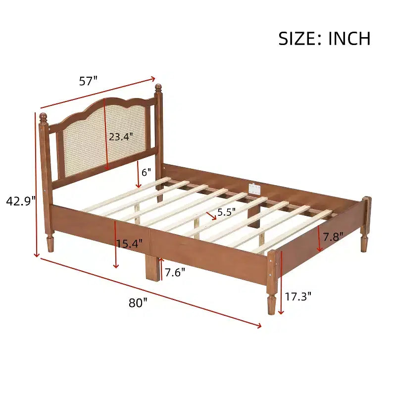 Queen/Full Platform Bed with Natural Rattan Headboard & Wood Slats