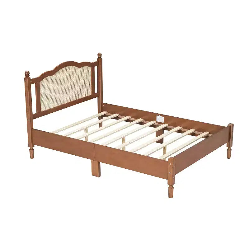 Queen/Full Platform Bed with Natural Rattan Headboard & Wood Slats