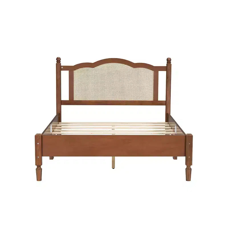 Queen/Full Platform Bed with Natural Rattan Headboard & Wood Slats