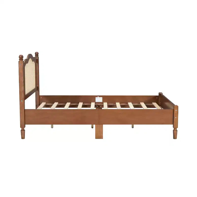 Queen/Full Platform Bed with Natural Rattan Headboard & Wood Slats