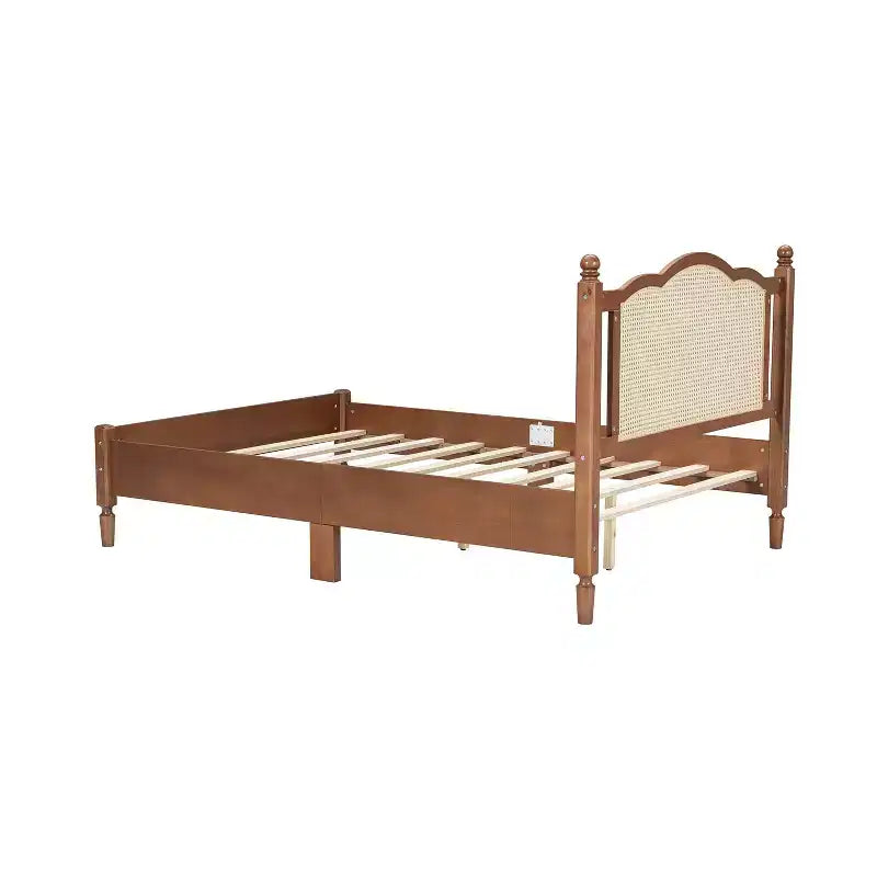 Queen/Full Platform Bed with Natural Rattan Headboard & Wood Slats