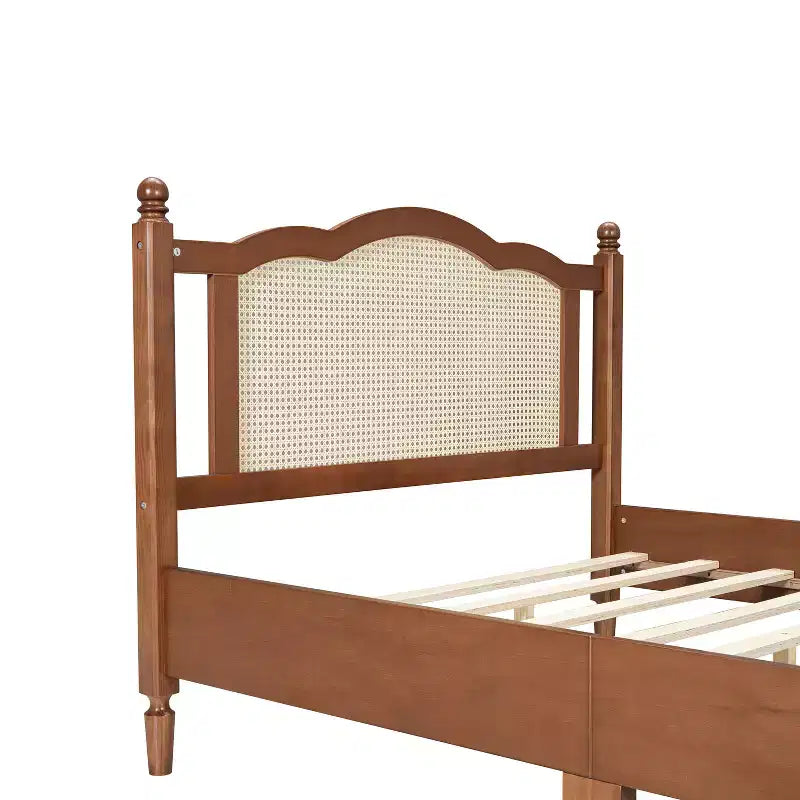 Queen/Full Platform Bed with Natural Rattan Headboard & Wood Slats