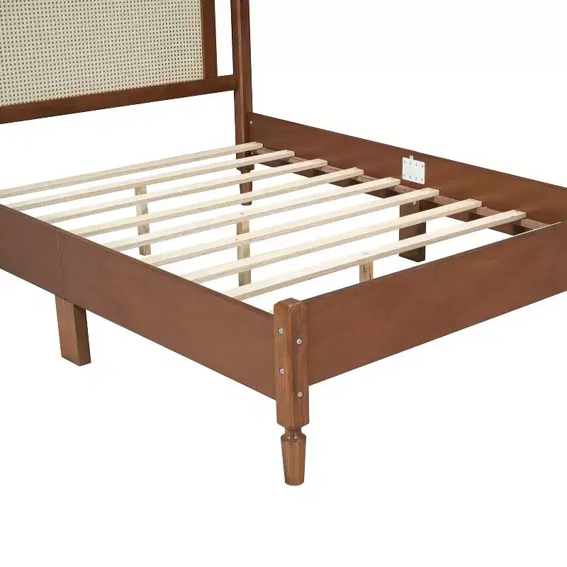 Queen/Full Platform Bed with Natural Rattan Headboard & Wood Slats