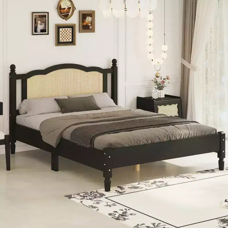 Queen/Full Platform Bed with Natural Rattan Headboard & Wood Slats