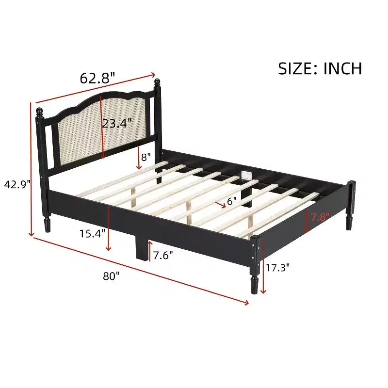 Queen/Full Platform Bed with Natural Rattan Headboard & Wood Slats