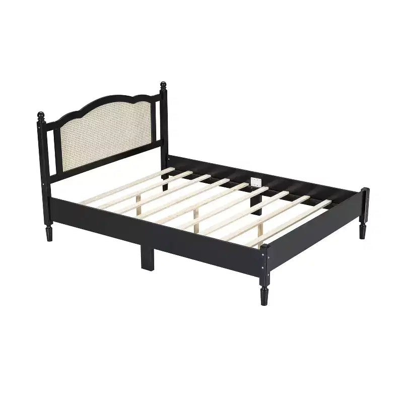 Queen/Full Platform Bed with Natural Rattan Headboard & Wood Slats