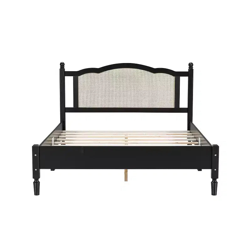 Queen/Full Platform Bed with Natural Rattan Headboard & Wood Slats