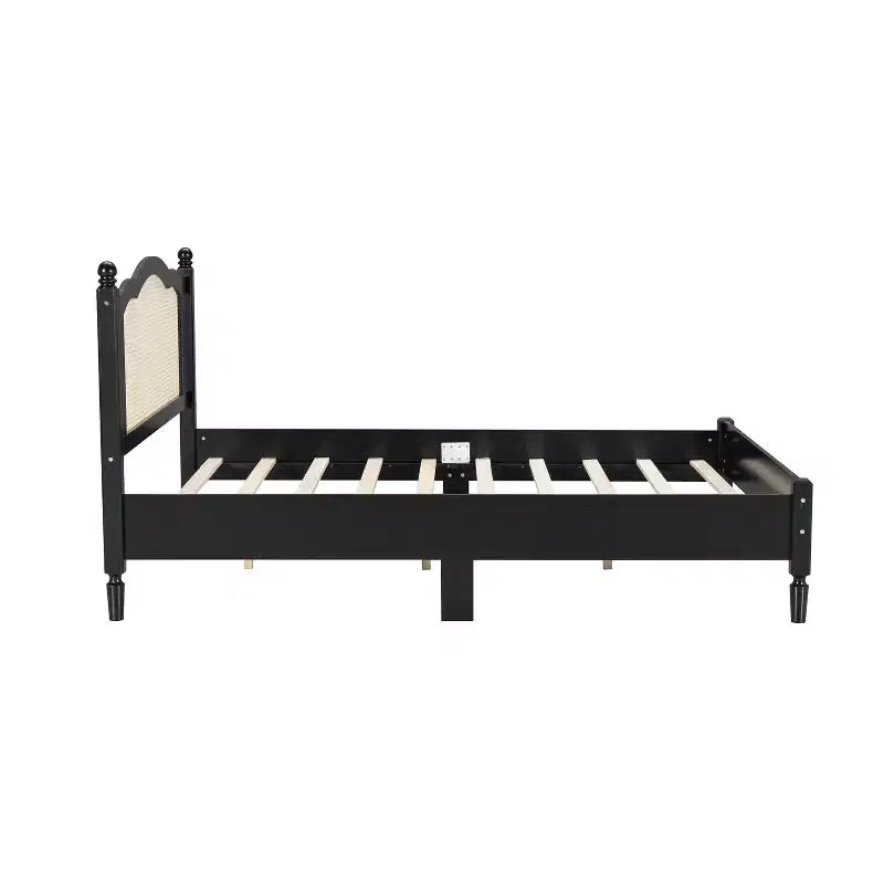 Queen/Full Platform Bed with Natural Rattan Headboard & Wood Slats