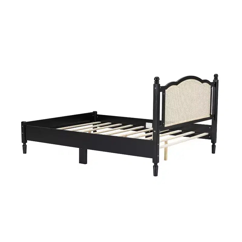 Queen/Full Platform Bed with Natural Rattan Headboard & Wood Slats