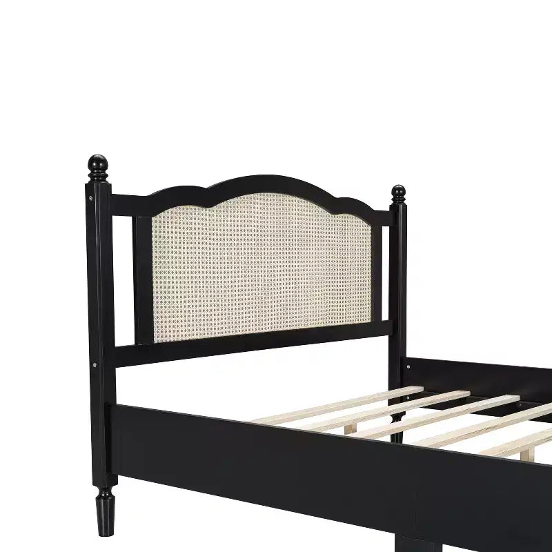 Queen/Full Platform Bed with Natural Rattan Headboard & Wood Slats