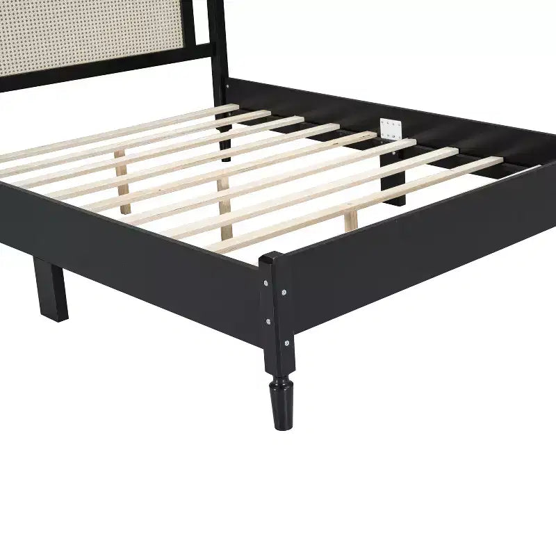 Queen/Full Platform Bed with Natural Rattan Headboard & Wood Slats