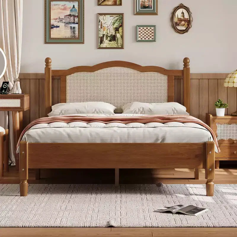 Queen/Full Platform Bed with Natural Rattan Headboard & Wood Slats