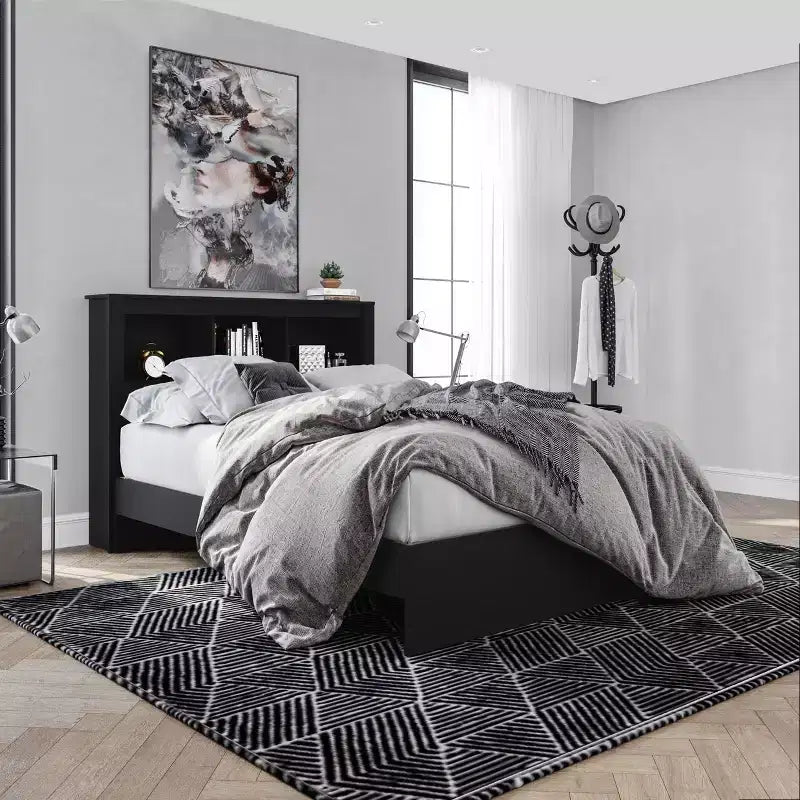 Platform Bed with 3-Shelf Bookcase Headboard - Melamine Finish