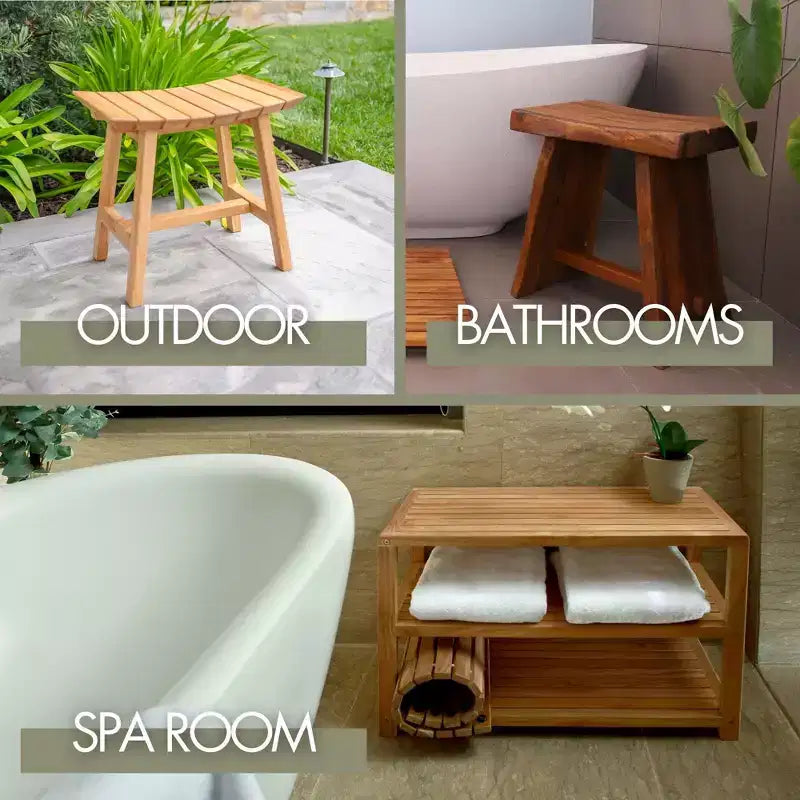 Solid Teak Shower & Bath Stool with Curved Seat and Lower Shelf