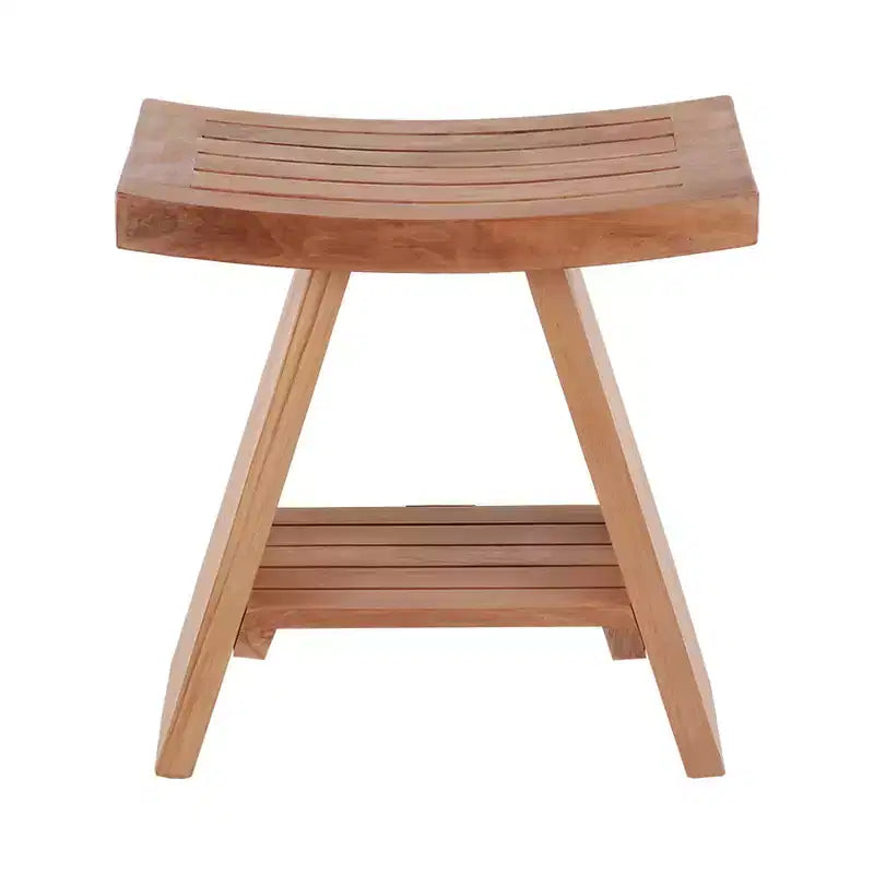 Solid Teak Shower & Bath Stool with Curved Seat and Lower Shelf